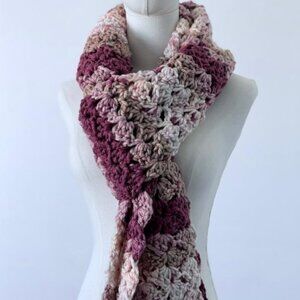 Hand Crocheted Boho Scarf Extra Long with Fringe . Lightweight and cozy .